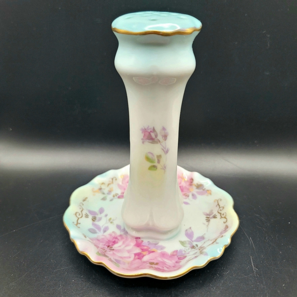 Antique RS Suhl Prussia Porcelain Floral Hat Pin Holder Pink Chintz Roses 5.25"